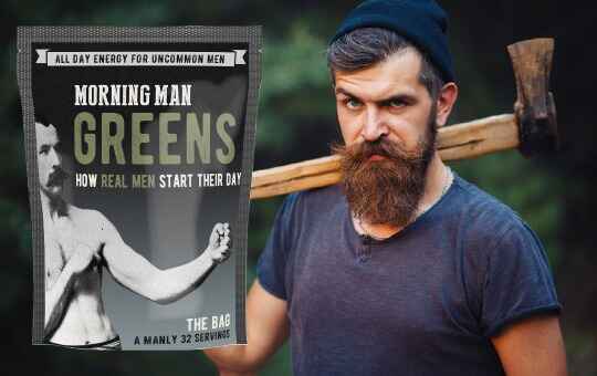 bearded man with morning man greens