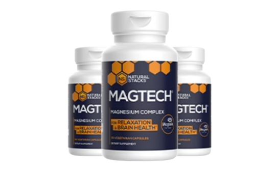 Three bottles of magtech magnesium complex supplements