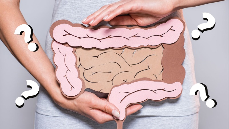Question marks around a diagram of the stomach