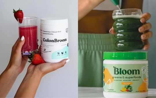 Right, a person mixing bloom greens; left, a person holding colon broom mixture