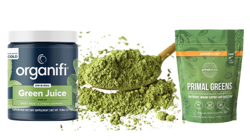 A spoonful of green powder with primal greens and organifi green juice