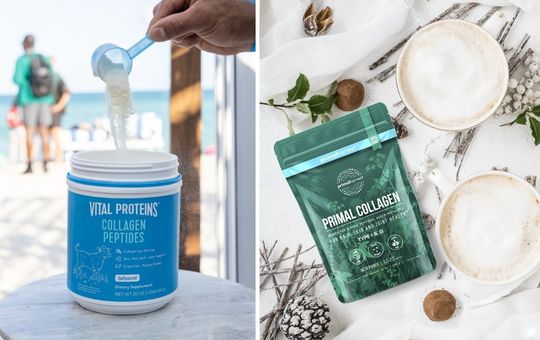 On the right, primal collagen around cups of coffee and assorted decor; on the left, vital proteins collagen peptides begins poured out from a scoop.